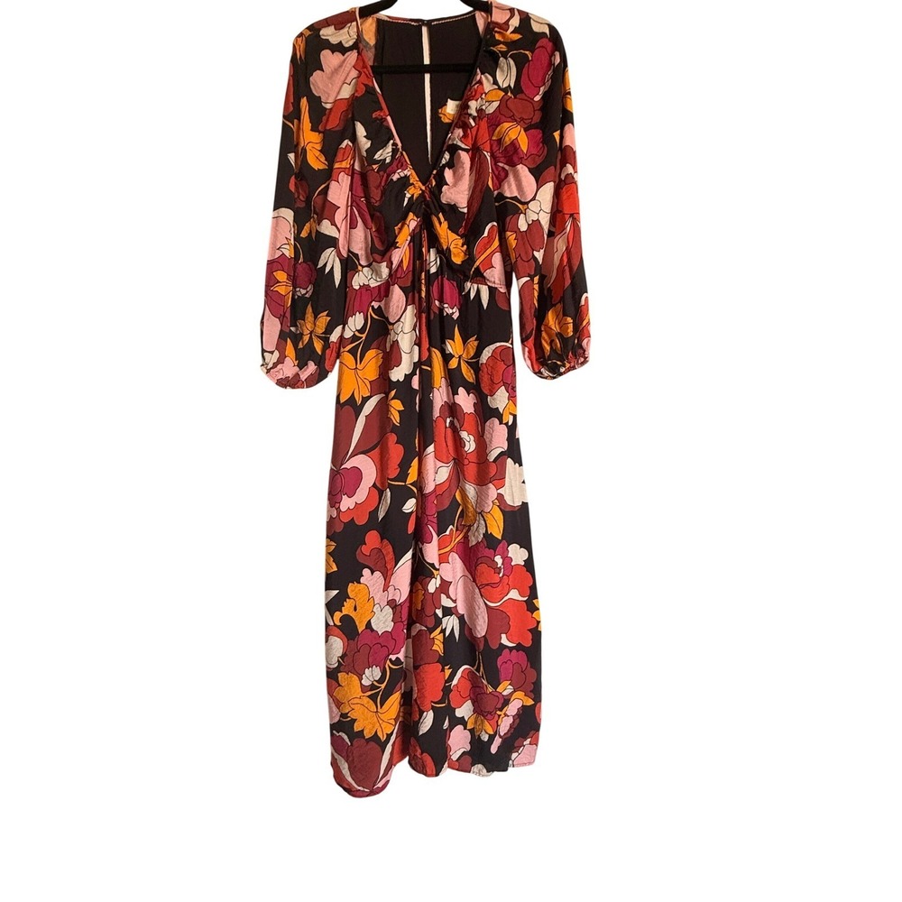 Boho Feminine Maeve‎ Anthropologie Floral Twist Midi Dress Pink Orange US 6